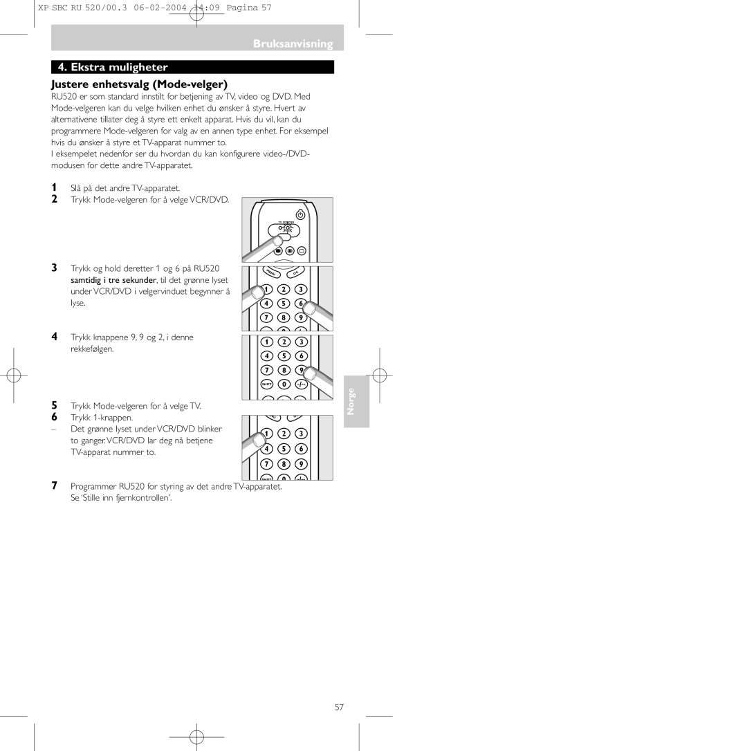 Philips SBC RU 520/00U manual Bruksanvisning Ekstra muligheter, Justere enhetsvalg Mode-velger 