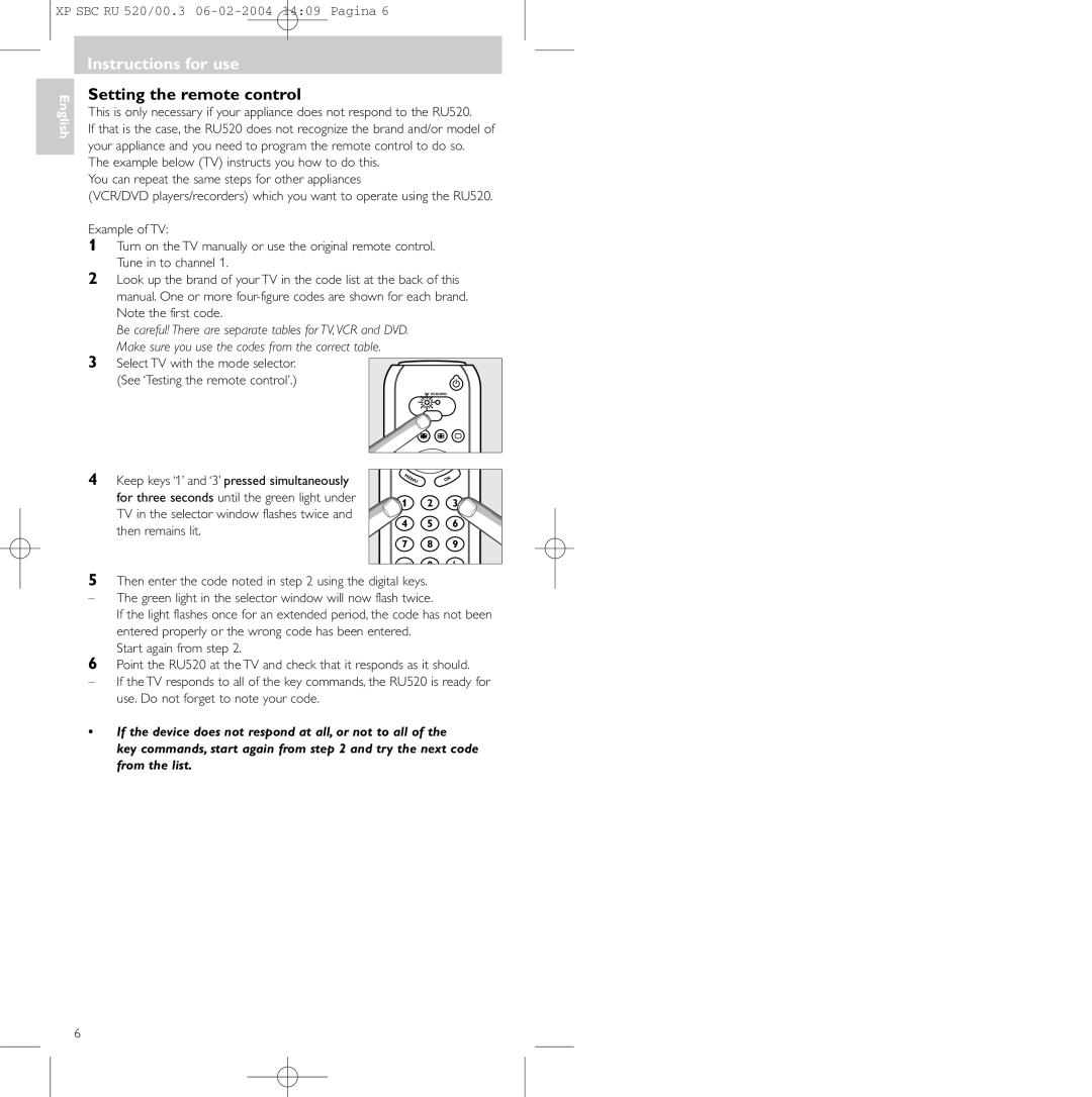 Philips SBC RU 520/00U manual Instructions for use, Setting the remote control 