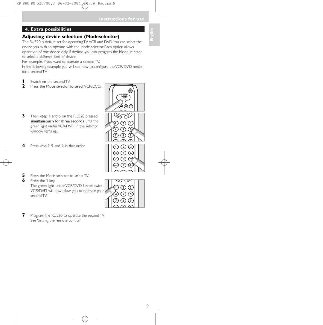 Philips SBC RU 520/00U manual Instructions for use Extra possibilities, Adjusting device selection Modeselector 