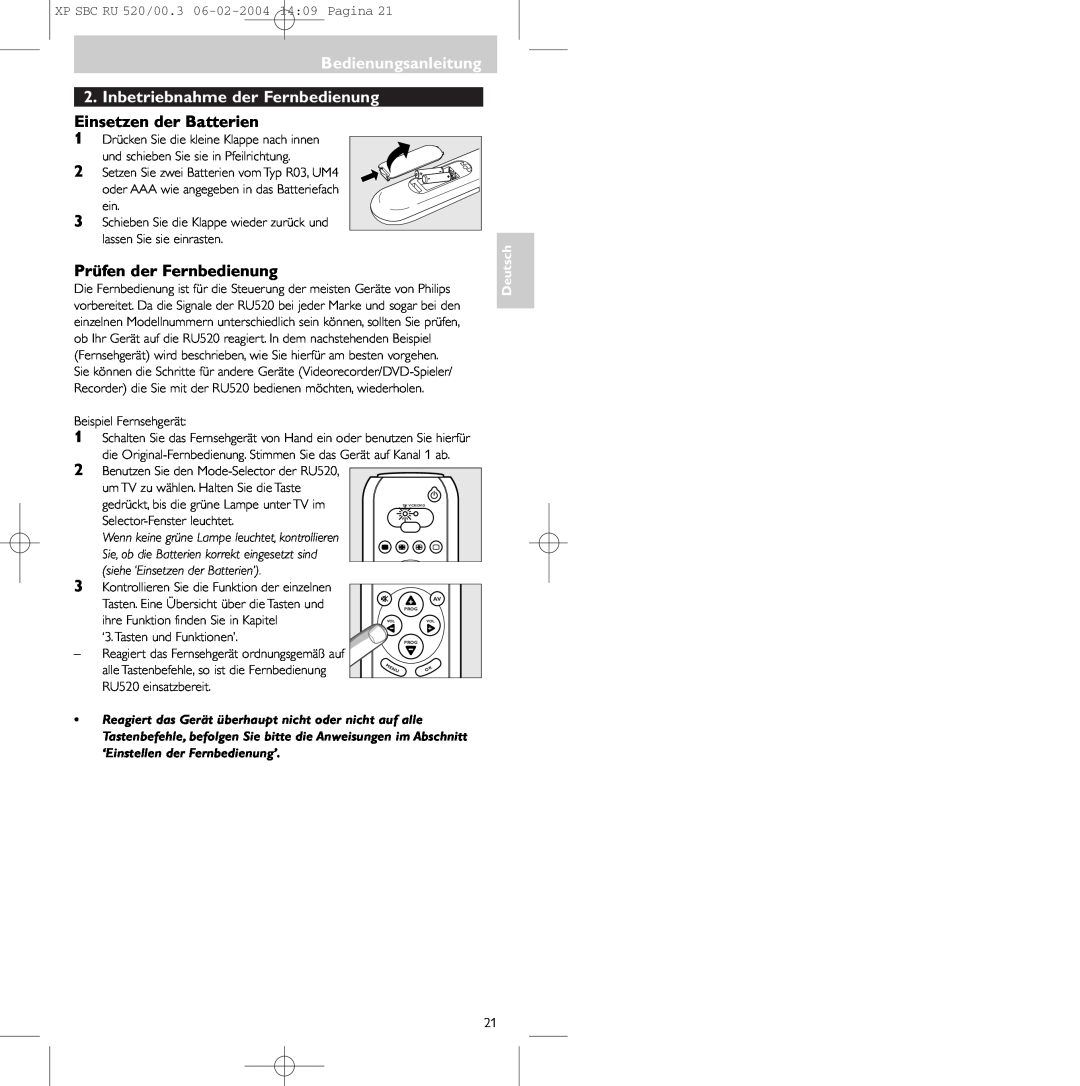 Philips SBC RU 520/00U manual Inbetriebnahme der Fernbedienung, Einsetzen der Batterien, Prüfen der Fernbedienung, Deutsch 