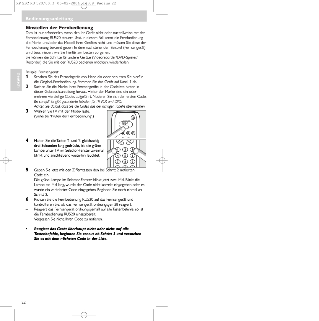 Philips SBC RU 520/00U manual Einstellen der Fernbedienung, Bedienungsanleitung, XP SBC RU 520/00.3 06-02-200414:09 Pagina 