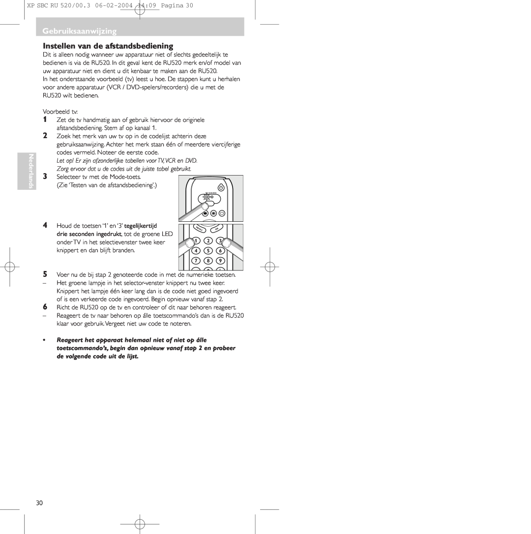 Philips SBC RU 520/00U manual Instellen van de afstandsbediening, Gebruiksaanwijzing, Nederlands 