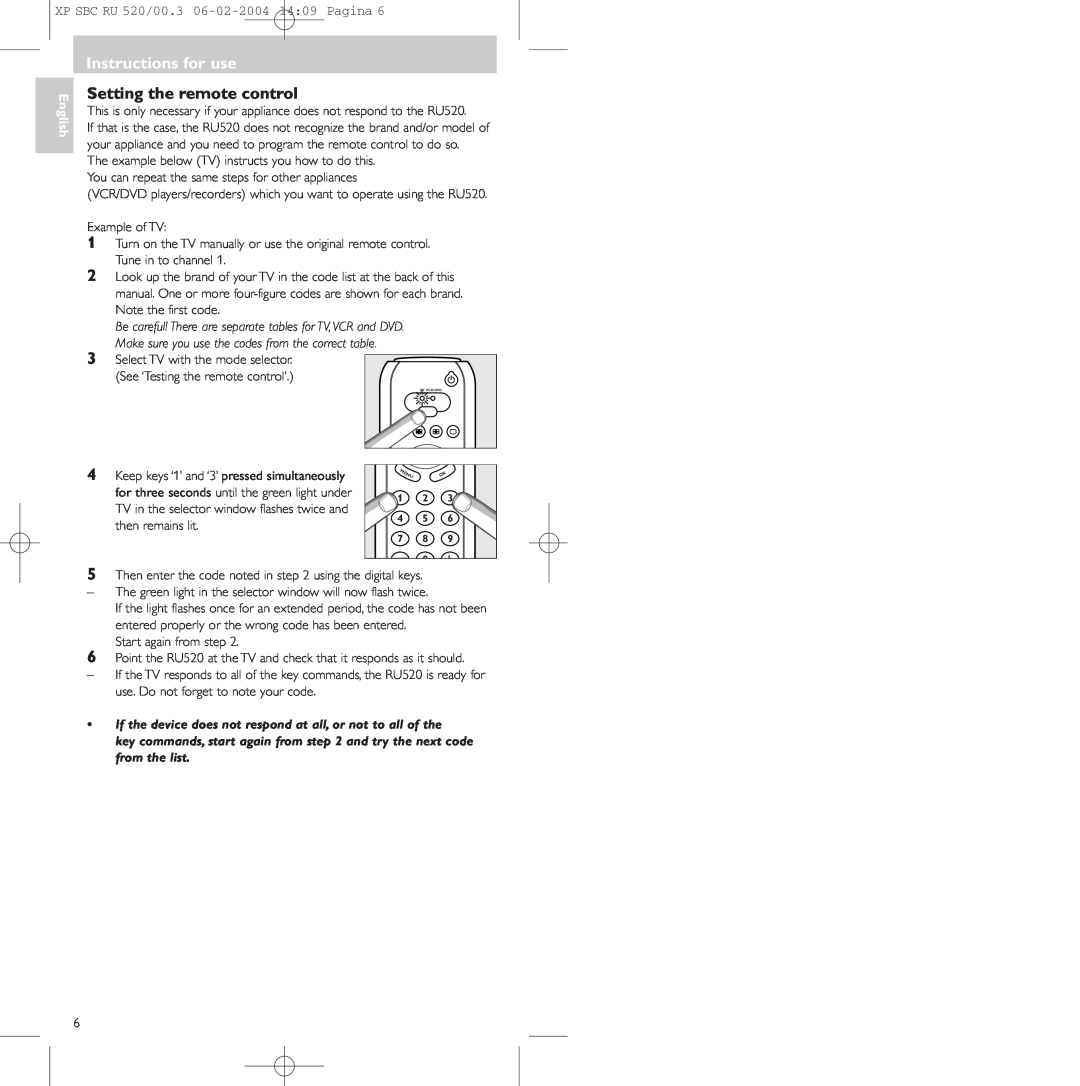 Philips SBC RU 520/00U manual Setting the remote control, Instructions for use, English 