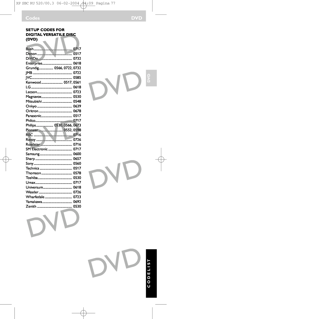 Philips SBC RU 520/00U Dvd Dvd, Setup Codes For Digital Versatile Disc Dvd, XP SBC RU 520/00.3 06-02-200414:09 Pagina 