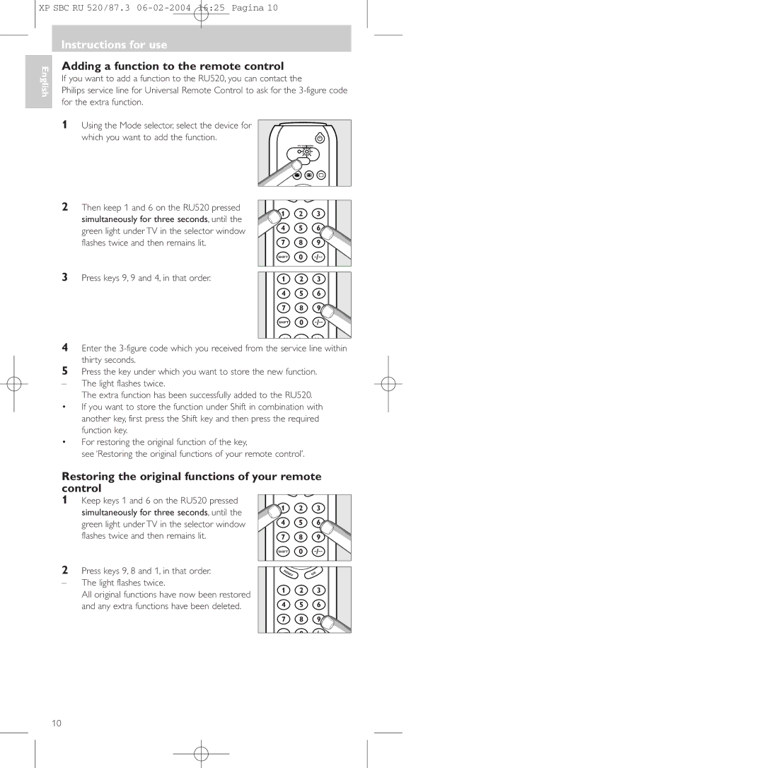 Philips SBC RU 520/87U Adding a function to the remote control, Restoring the original functions of your remote control 