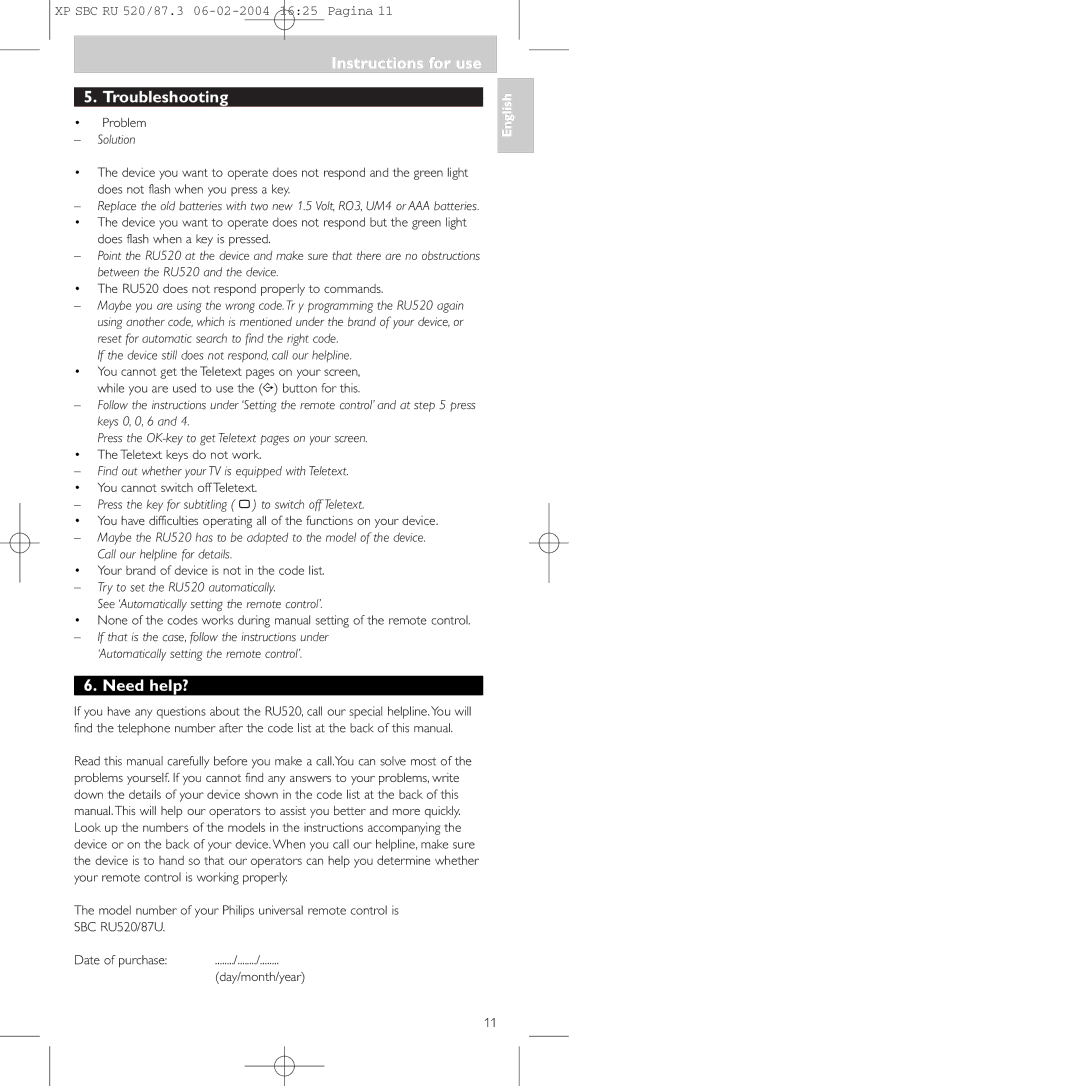 Philips SBC RU 520/87U manual Instructions for use Troubleshooting, Need help? 