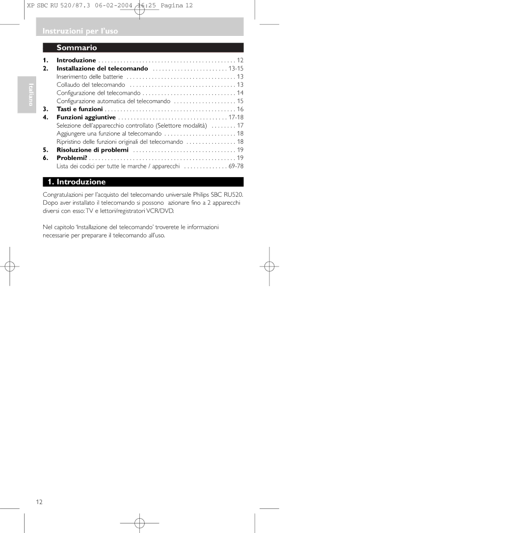 Philips SBC RU 520/87U manual Instruzioni per luso Sommario, Introduzione 