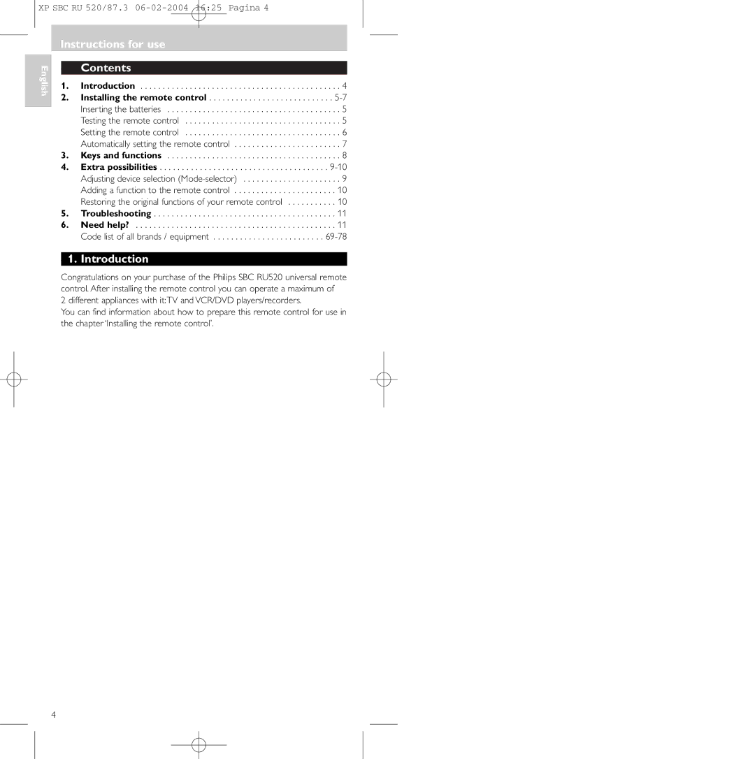 Philips SBC RU 520/87U manual Instructions for use Contents, Introduction 