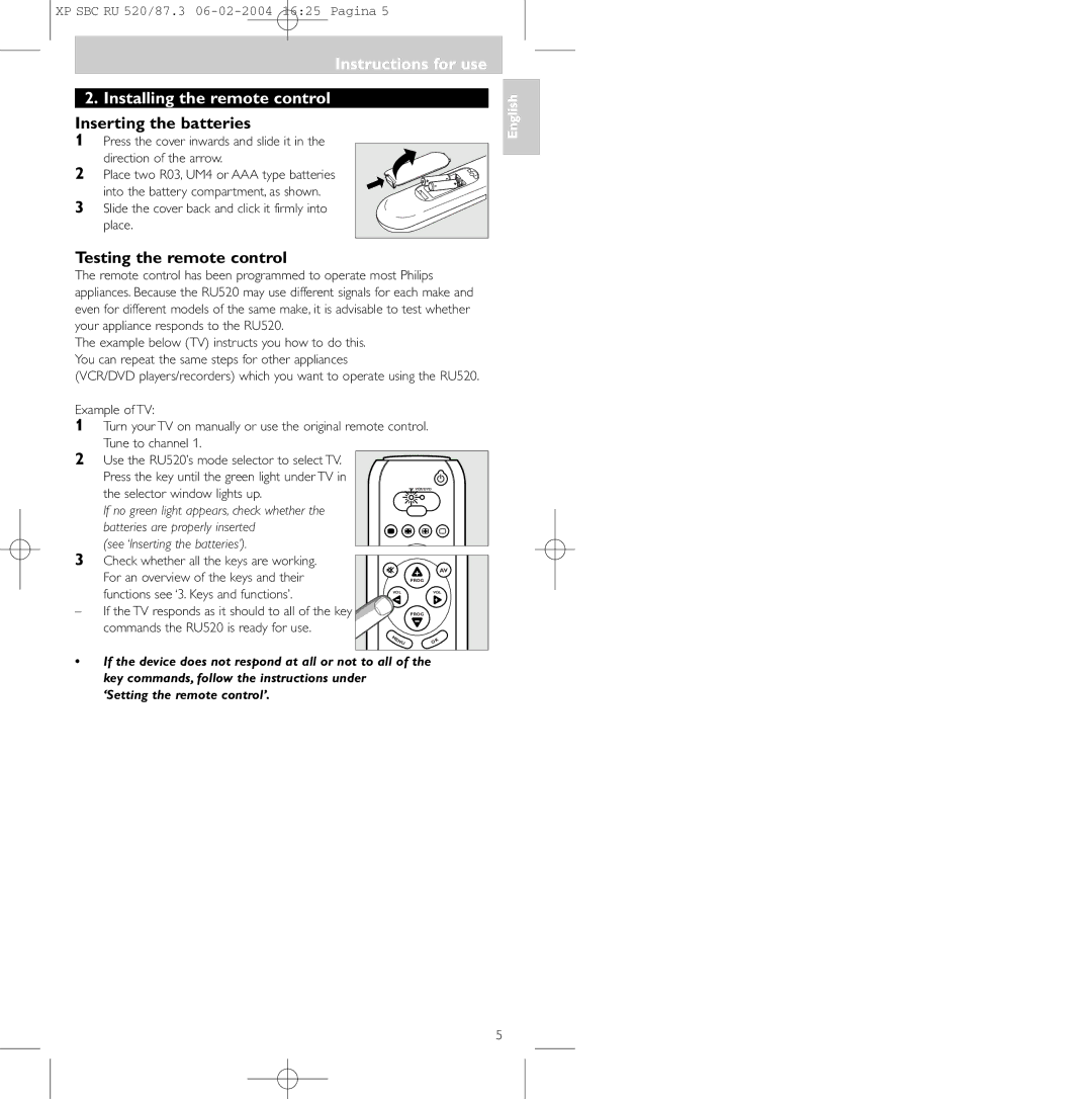 Philips SBC RU 520/87U manual Instructions for use Installing the remote control, Inserting the batteries 