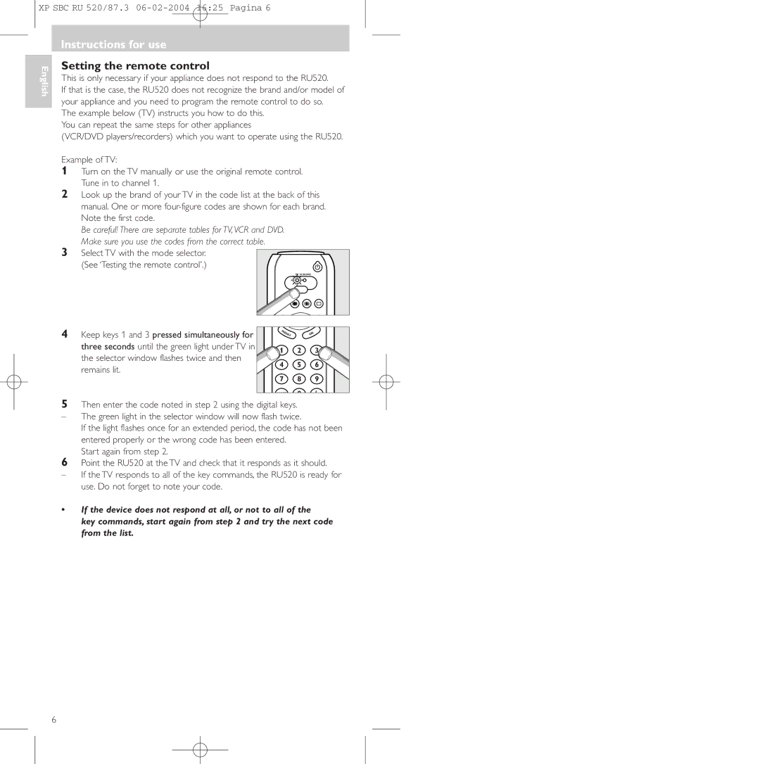 Philips SBC RU 520/87U manual Instructions for use, Setting the remote control 