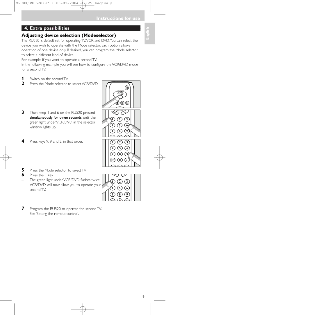 Philips SBC RU 520/87U manual Instructions for use Extra possibilities, Adjusting device selection Modeselector 