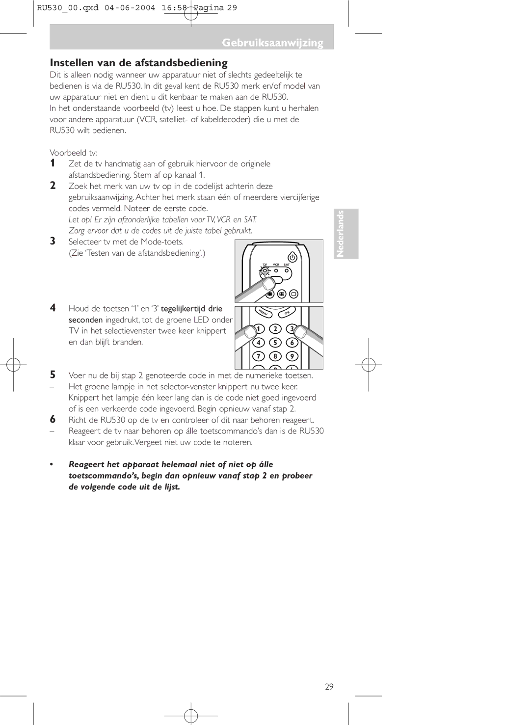 Philips SBC RU 530/00U manual Gebruiksaanwijzing, Instellen van de afstandsbediening 