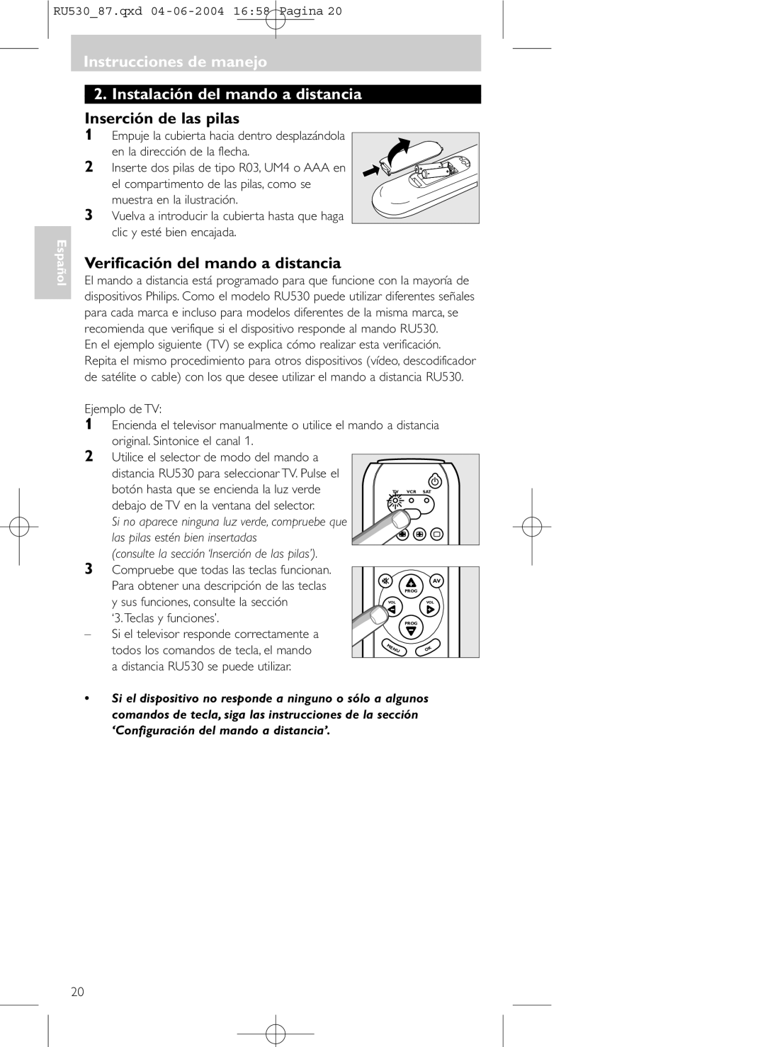 Philips SBC RU 530/87U manual Verificación del mando a distancia 