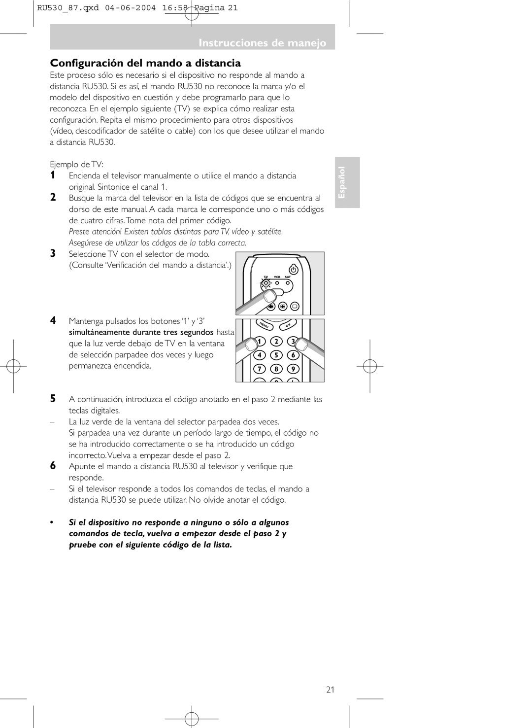 Philips SBC RU 530/87U manual Instrucciones de manejo, Configuración del mando a distancia 