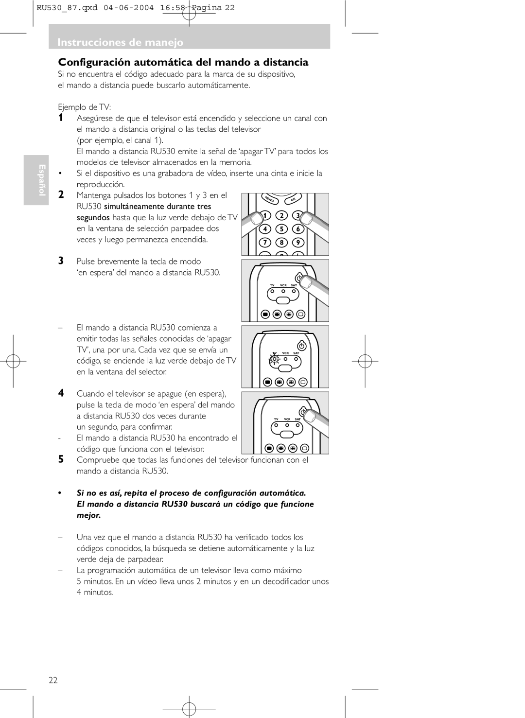 Philips SBC RU 530/87U manual Configuración automática del mando a distancia 