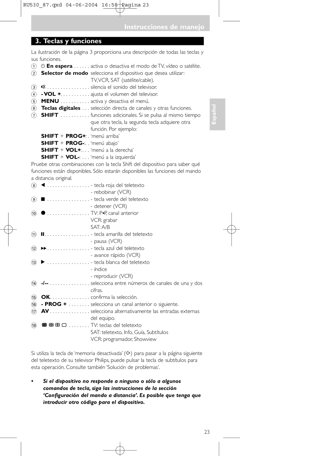 Philips SBC RU 530/87U manual Instrucciones de manejo Teclas y funciones, Sat A/B 