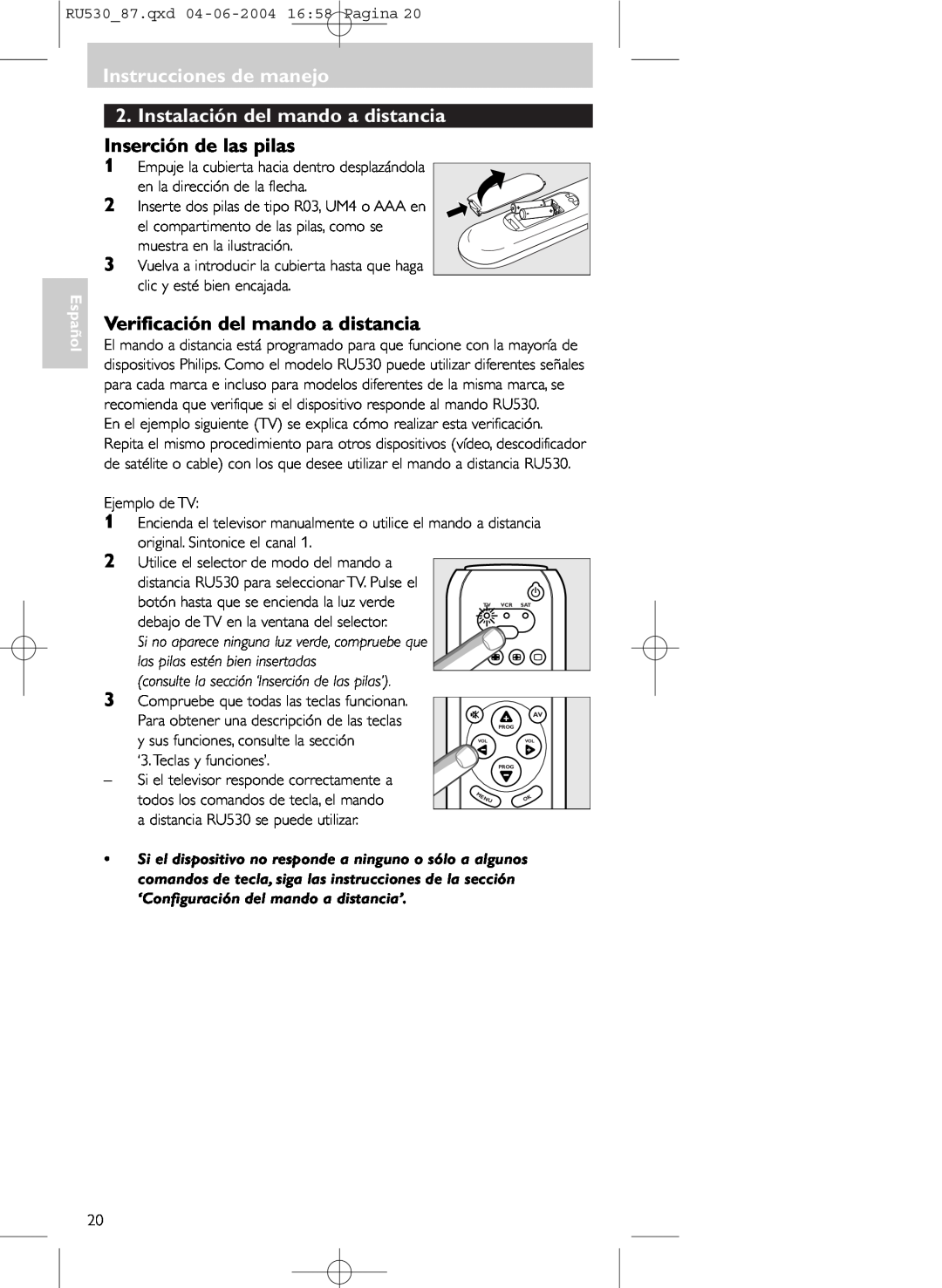 Philips SBC RU 530/87U manual Instrucciones de manejo, Verificación del mando a distancia, Español 