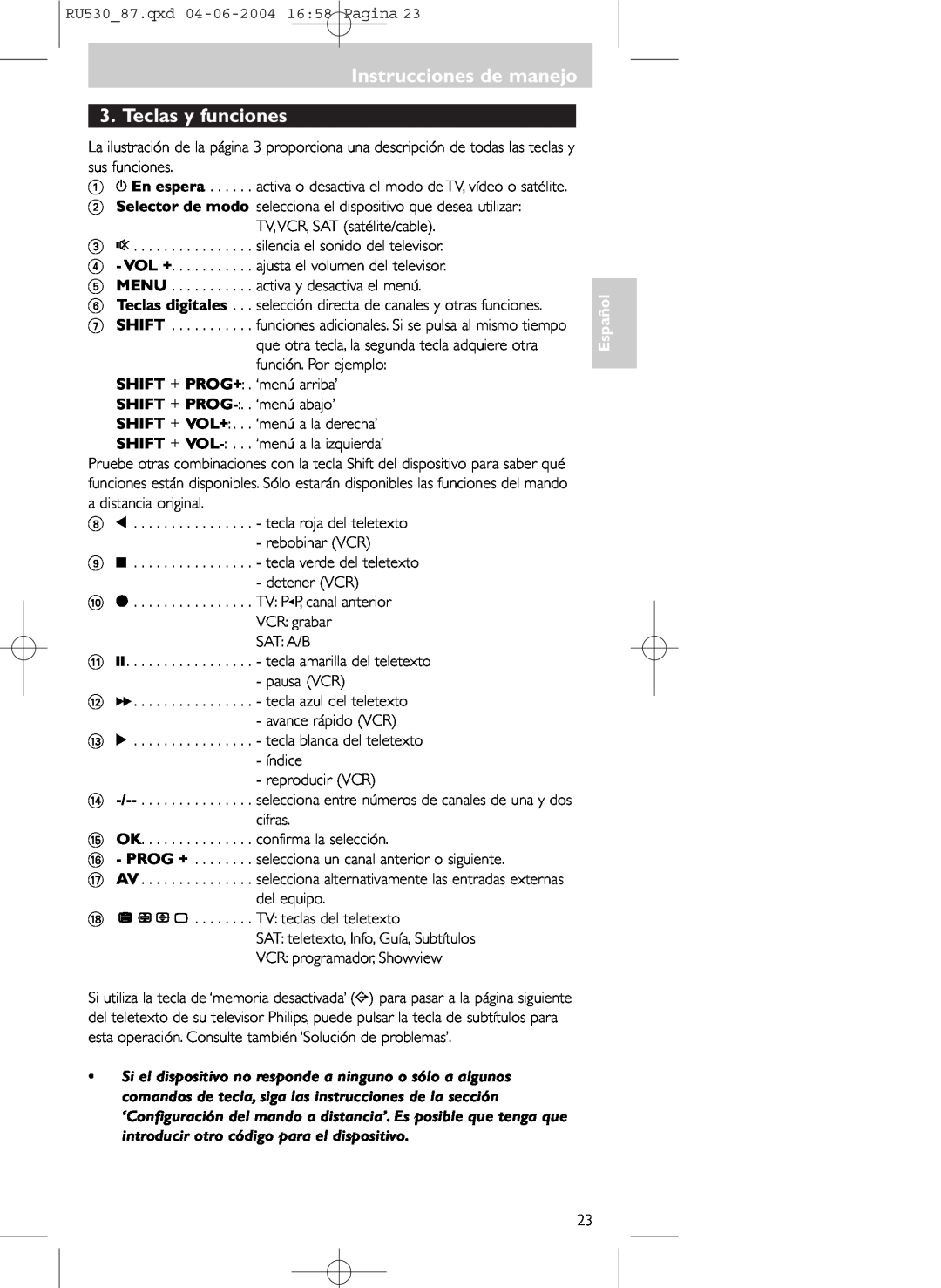 Philips SBC RU 530/87U manual Instrucciones de manejo 3. Teclas y funciones, Español 