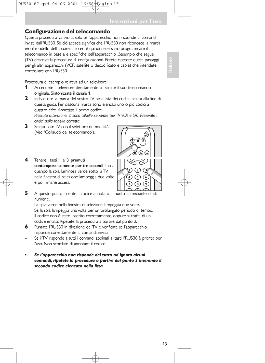 Philips SBC RU 530/87U manual Configurazione del telecomando, Instruzioni per l’uso, Italiano 