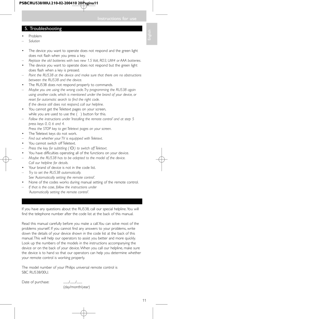 Philips SBC RU 538/00 manual Instructions for use Troubleshooting, Need help? 