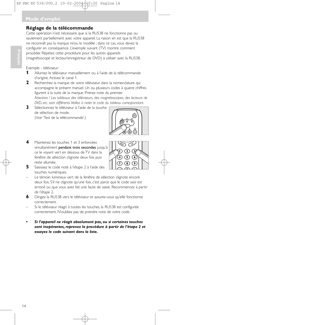 Philips SBC RU 538/00 manual Mode demploi, Réglage de la télécommande, Maintenez les touches 1 et 3 enfoncées 