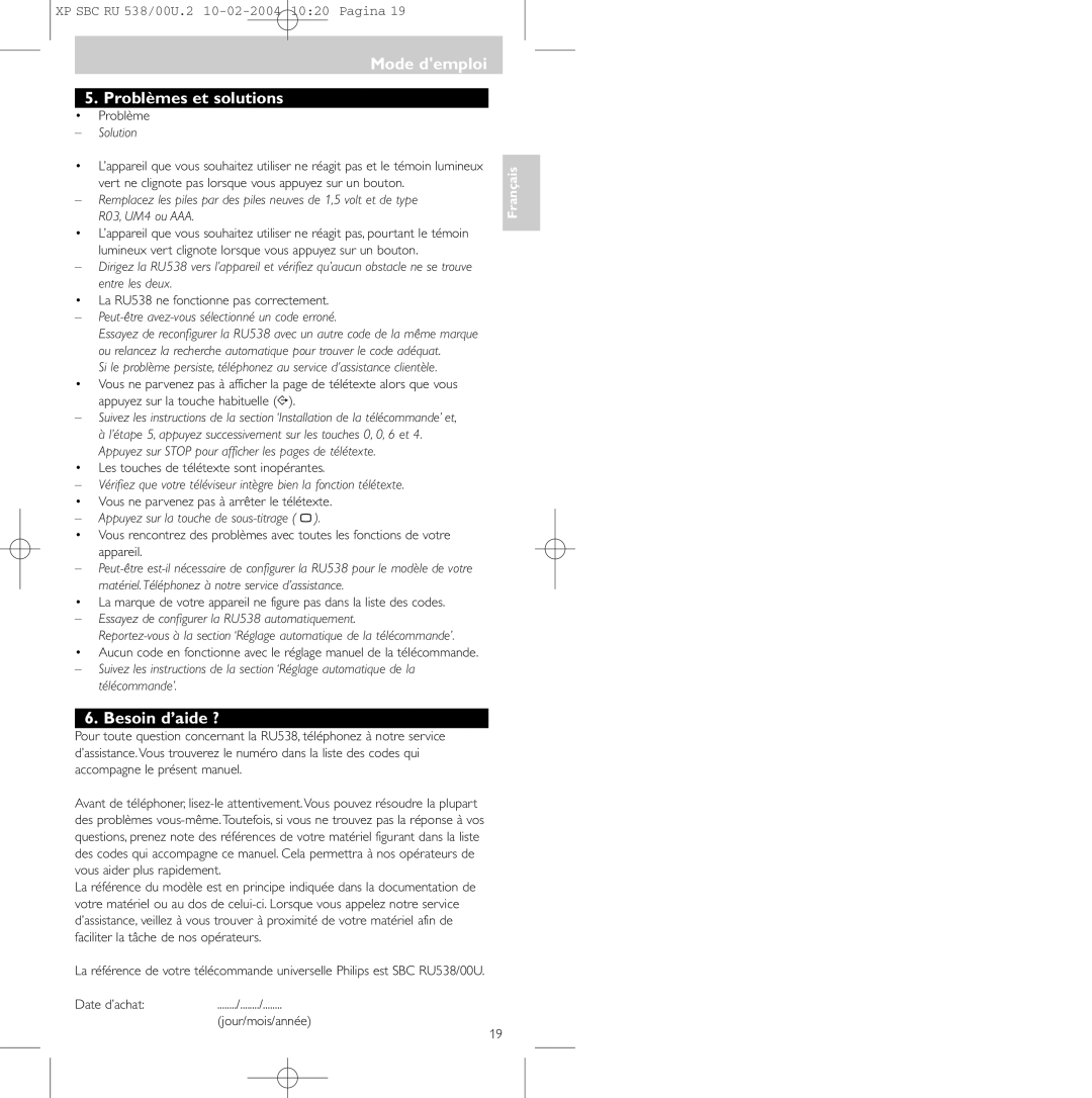 Philips SBC RU 538/00 Mode demploi Problèmes et solutions, Besoin d’aide ?, Peut-être avez-vous sélectionné un code erroné 