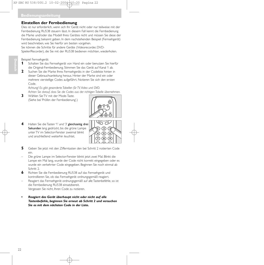 Philips SBC RU 538/00 manual Bedienungsanleitung, Einstellen der Fernbedienung 