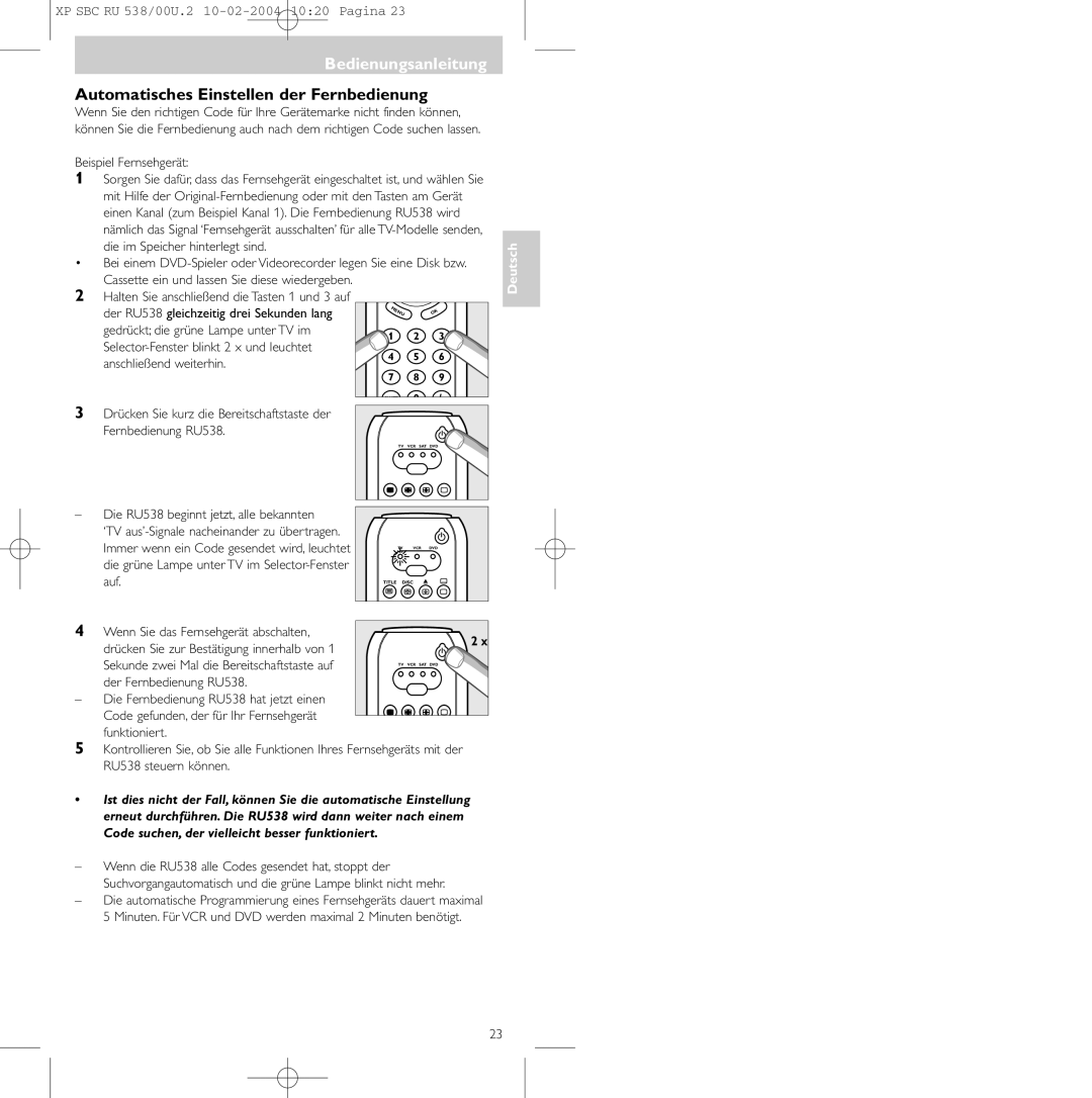 Philips SBC RU 538/00 manual Automatisches Einstellen der Fernbedienung 