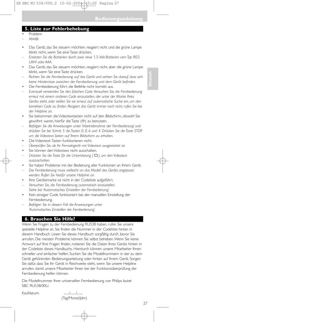 Philips SBC RU 538/00 manual Bedienungsanleitung Liste zur Fehlerbehebung, Brauchen Sie Hilfe?, Abhilfe 