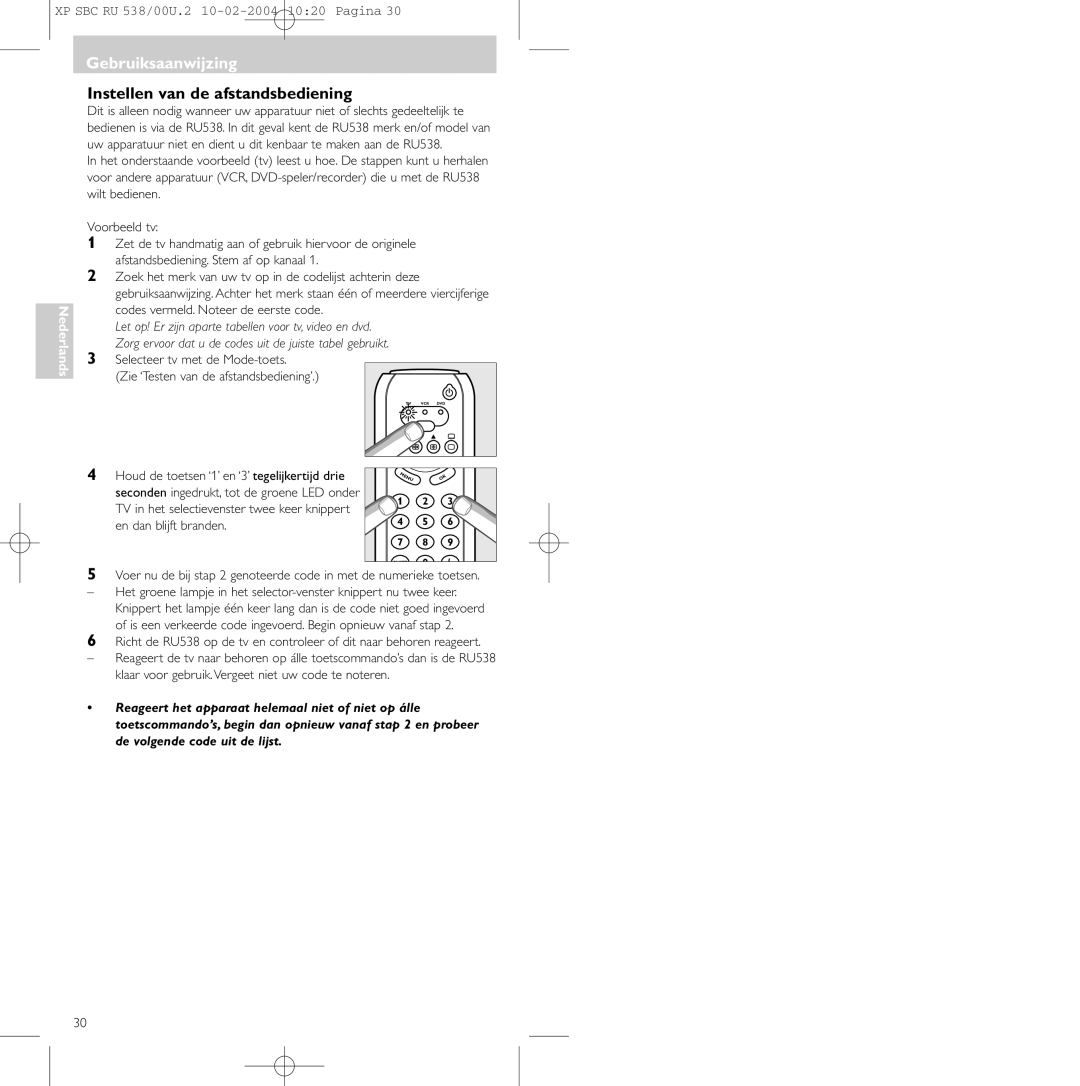 Philips SBC RU 538/00 manual Gebruiksaanwijzing, Instellen van de afstandsbediening, En dan blijft branden 