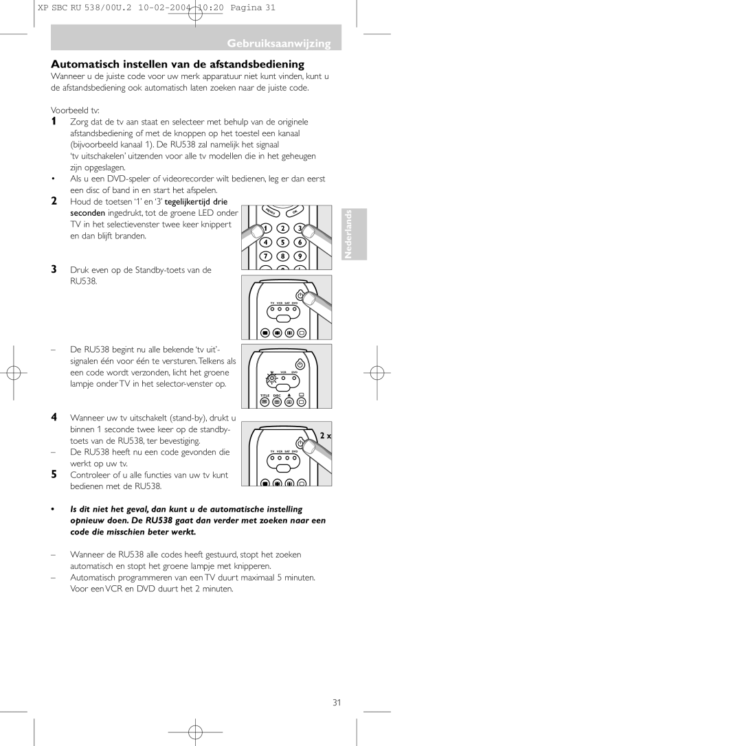 Philips SBC RU 538/00 manual Automatisch instellen van de afstandsbediening, RU538 