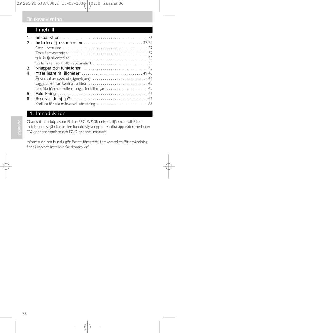 Philips SBC RU 538/00 manual Bruksanvisning Innehåll, Introduktion, 37-39, 41-42 