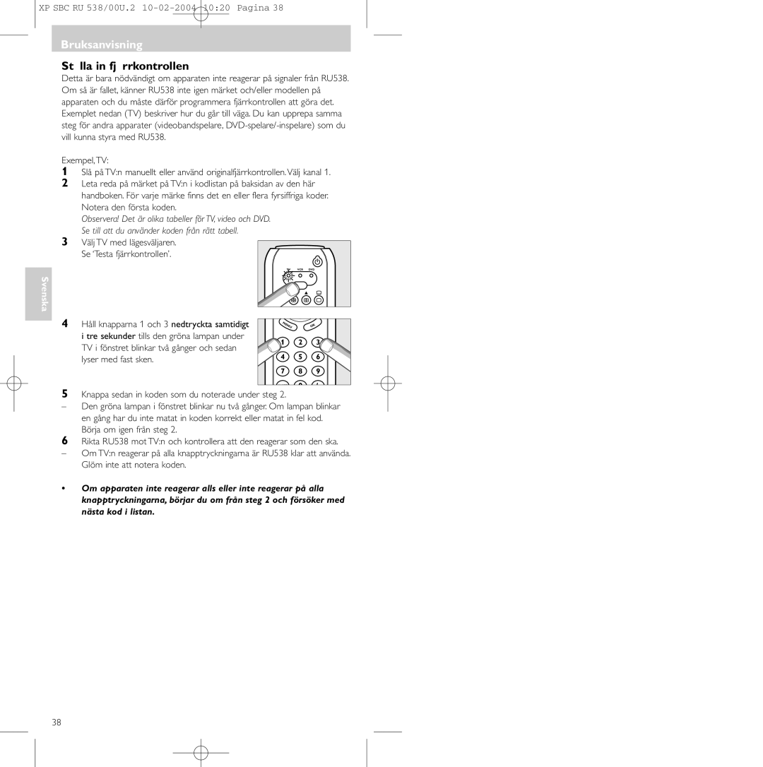 Philips SBC RU 538/00 manual Bruksanvisning, Ställa in fjärrkontrollen 