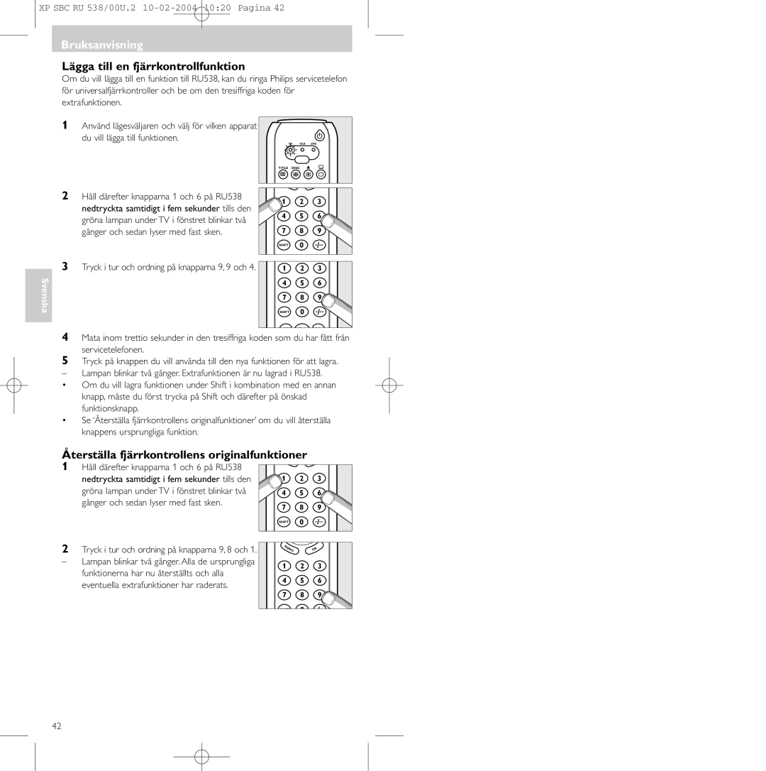 Philips SBC RU 538/00 manual Lägga till en fjärrkontrollfunktion, Återställa fjärrkontrollens originalfunktioner 