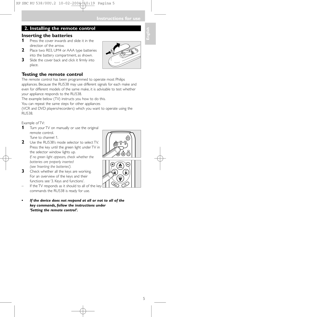 Philips SBC RU 538/00 manual Instructions for use Installing the remote control, Inserting the batteries 