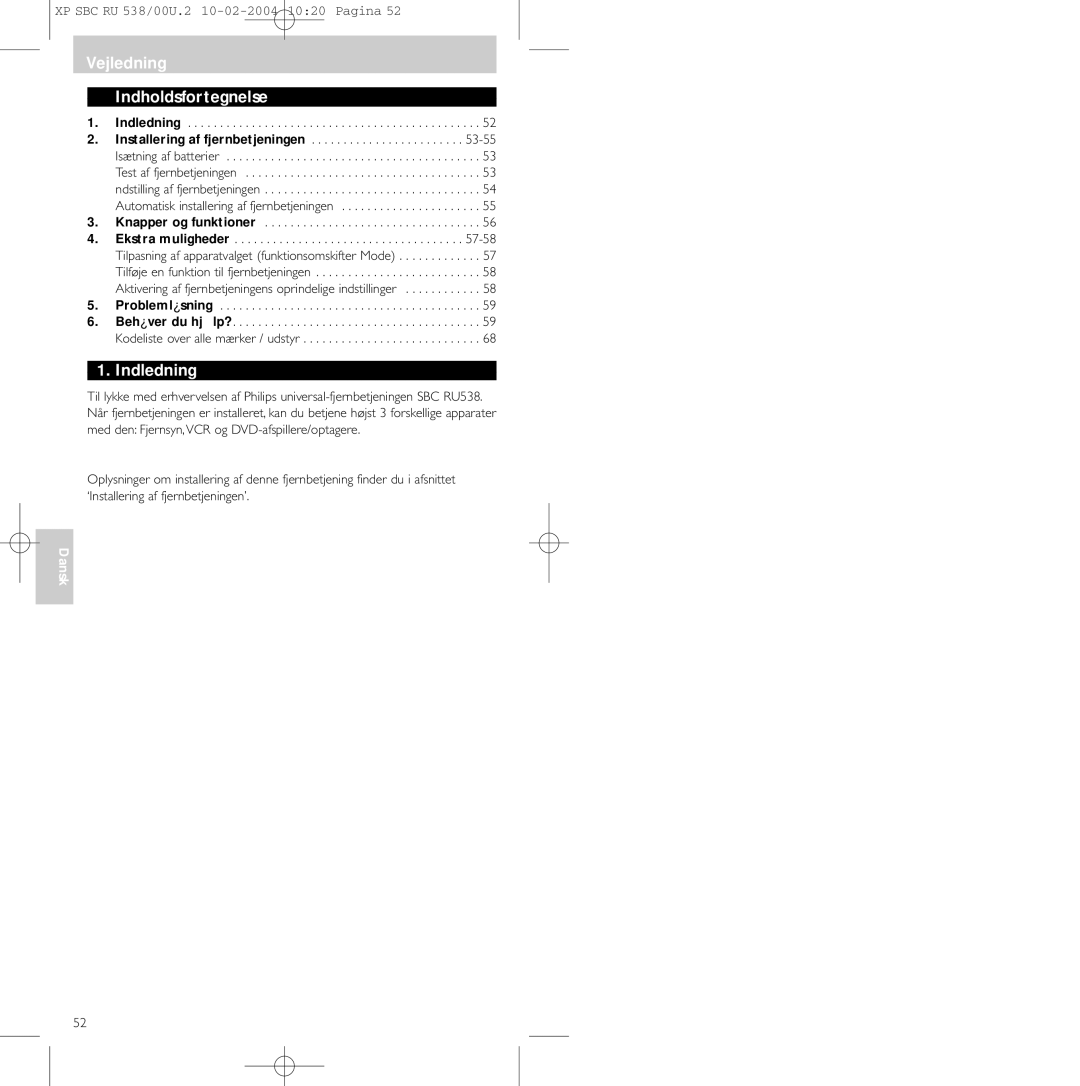 Philips SBC RU 538/00 manual Vejledning Indholdsfortegnelse, Indledning, 53-55, 57-58 