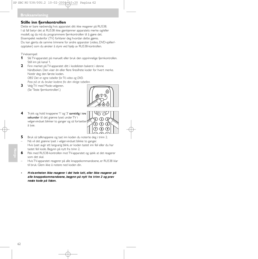 Philips SBC RU 538/00 manual Stille inn fjernkontrollen, Sekunder til det grønne lyset under TV, Lyse 