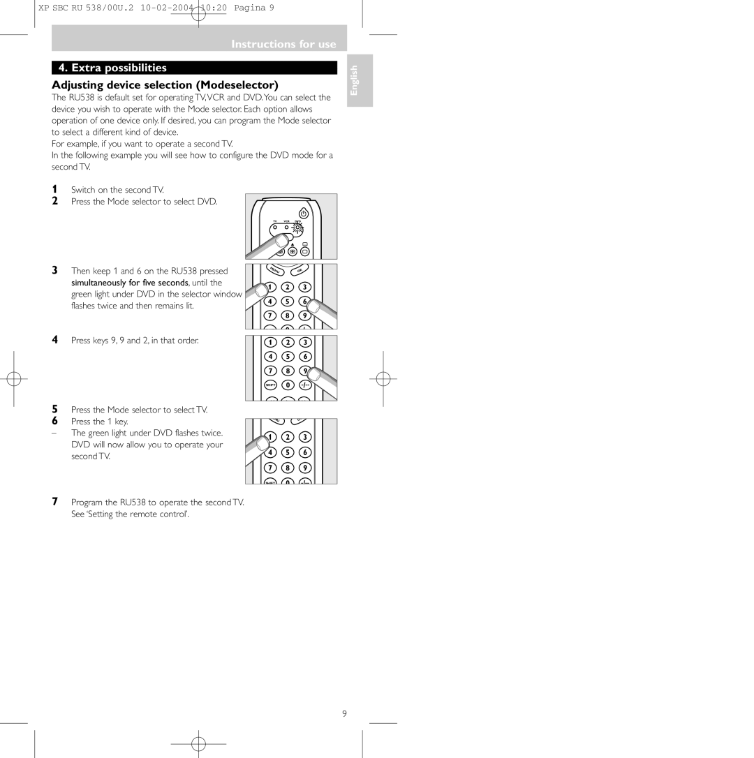 Philips SBC RU 538/00 manual Instructions for use Extra possibilities, Adjusting device selection Modeselector 