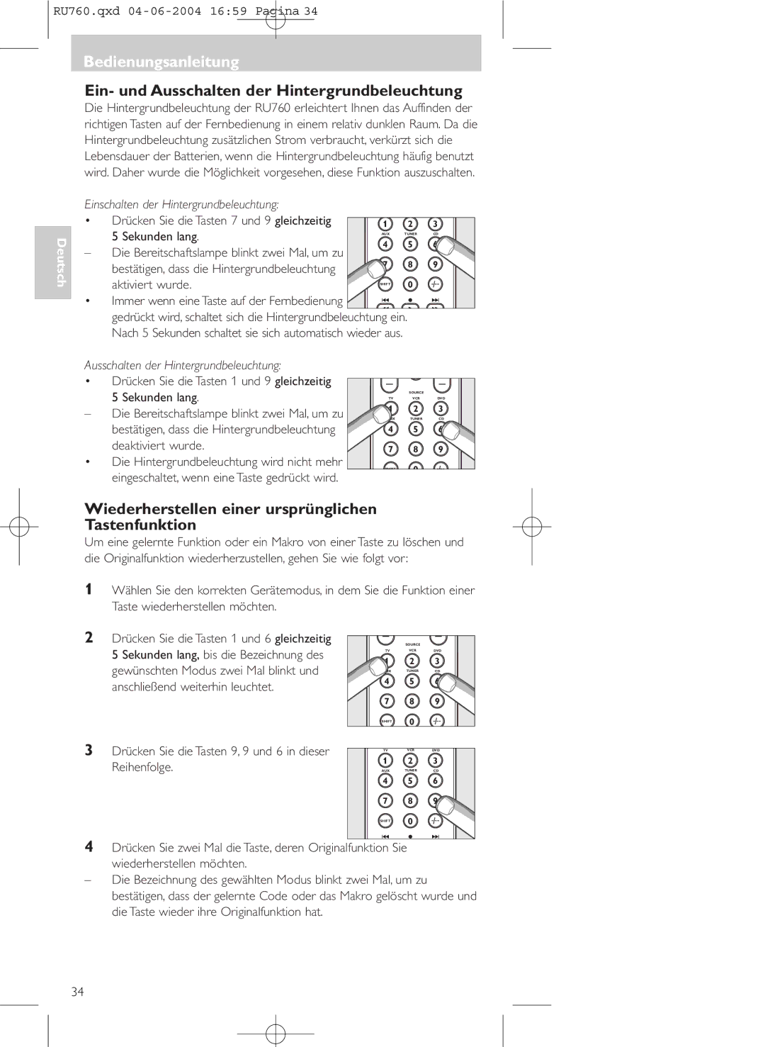 Philips SBC RU 760 Ein- und Ausschalten der Hintergrundbeleuchtung, Wiederherstellen einer ursprünglichen Tastenfunktion 