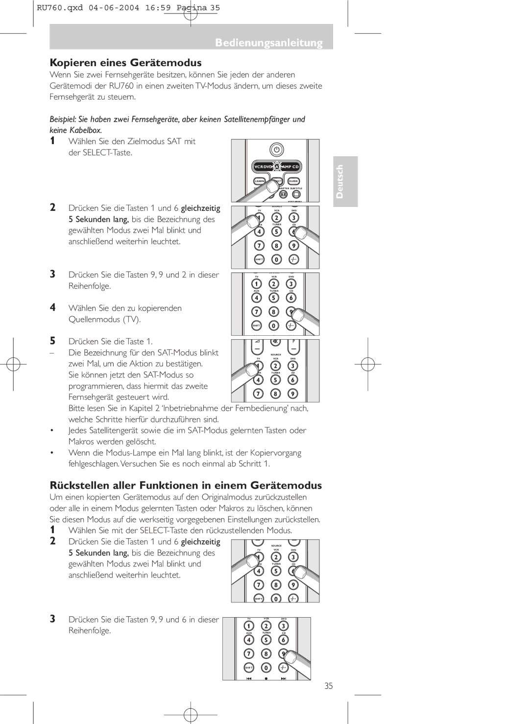 Philips SBC RU 760 00 manual Kopieren eines Gerätemodus, Rückstellen aller Funktionen in einem Gerätemodus, Reihenfolge 