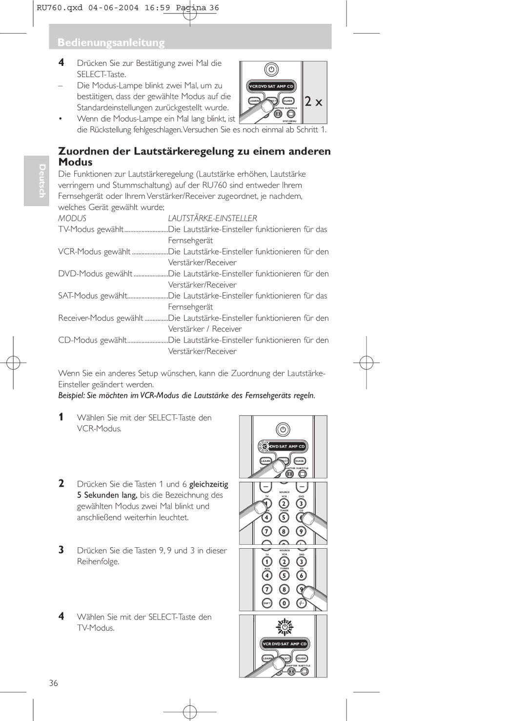 Philips SBC RU 760 manual Zuordnen der Lautstärkeregelung zu einem anderen Modus, Die Modus-Lampe blinkt zwei Mal, um zu 