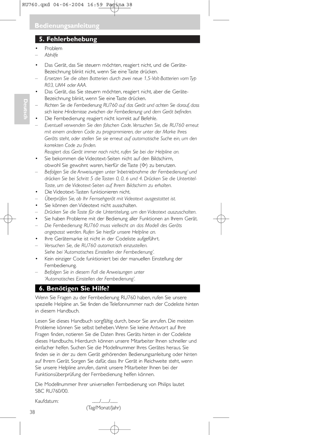 Philips SBC RU 760 00 manual Bedienungsanleitung Fehlerbehebung, Benötigen Sie Hilfe?, Abhilfe 