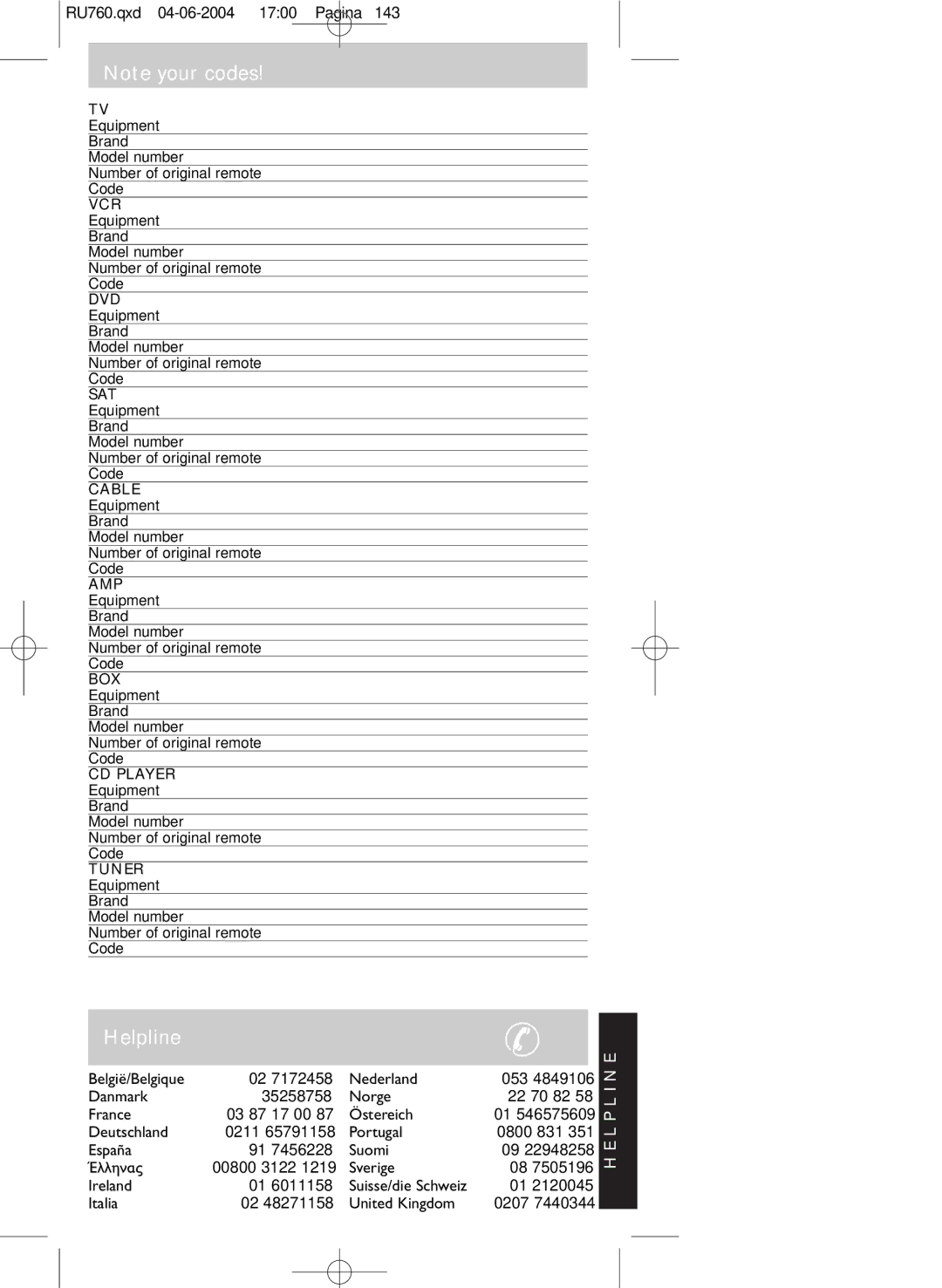 Philips SBC RU 760 manual Helpline, Italia United Kingdom 0207, Equipment Brand Model number Number of original remote Code 