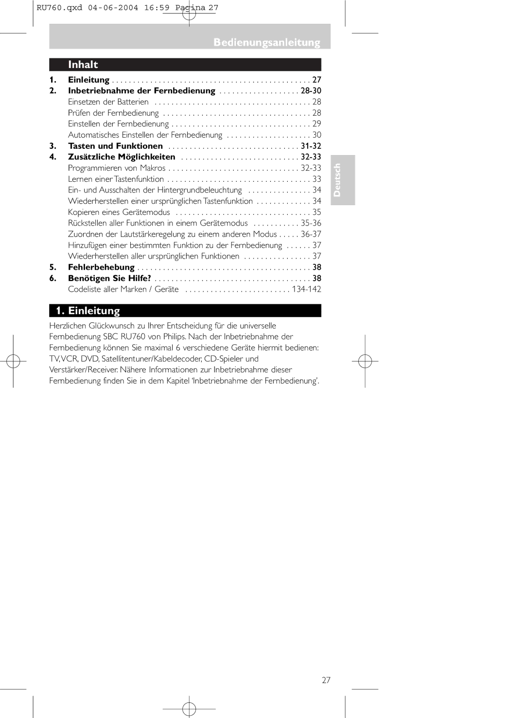 Philips SBC RU 760 00 manual Bedienungsanleitung Inhalt, Einleitung, Tasten und Funktionen 