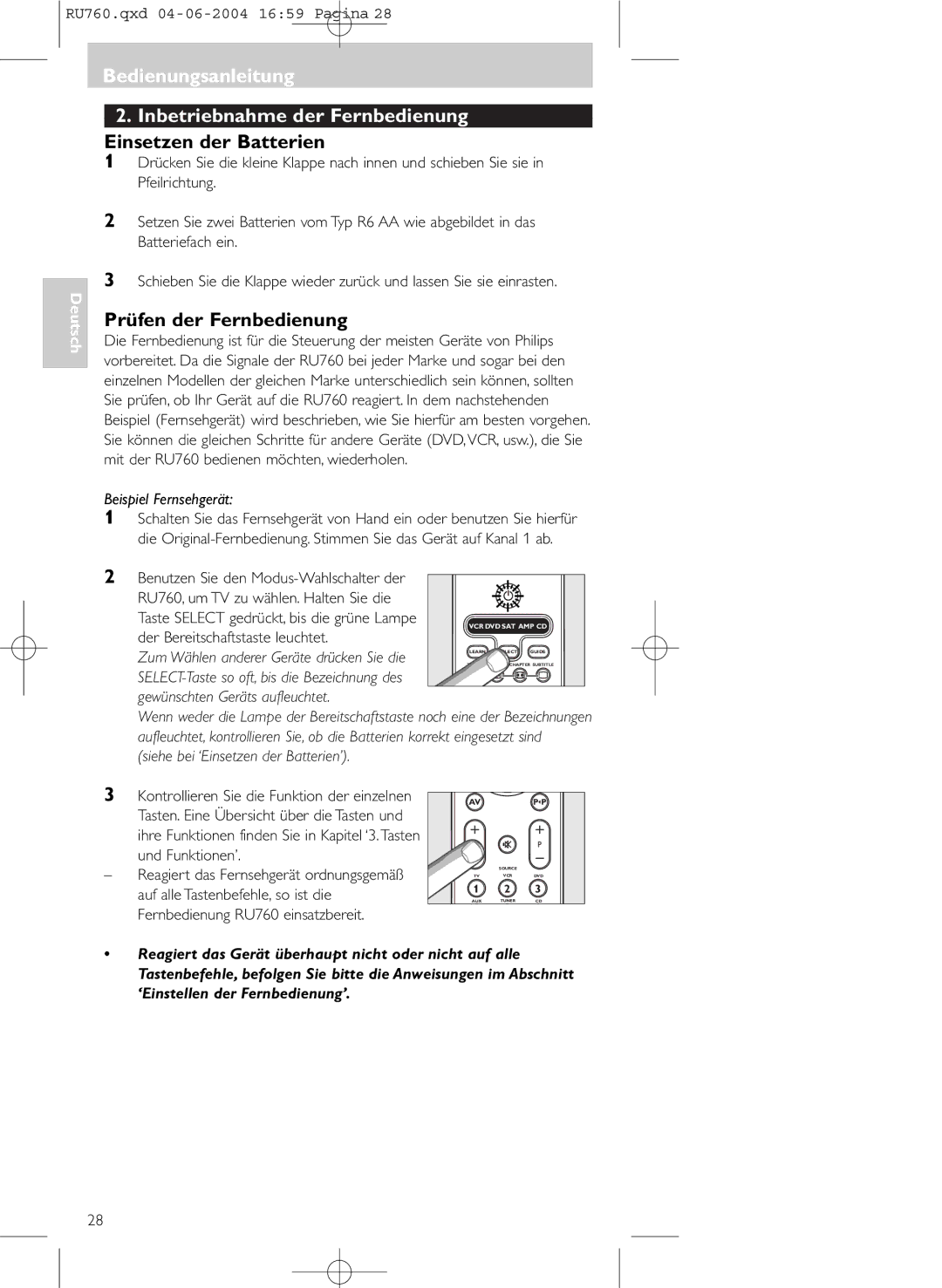 Philips SBC RU 760 00 manual Prüfen der Fernbedienung, Beispiel Fernsehgerät, Der Bereitschaftstaste leuchtet 