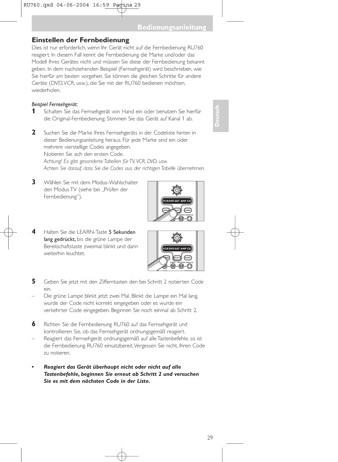 Philips SBC RU 760 00 manual Bedienungsanleitung, Einstellen der Fernbedienung, Halten Sie die LEARN-Taste 5 Sekunden 