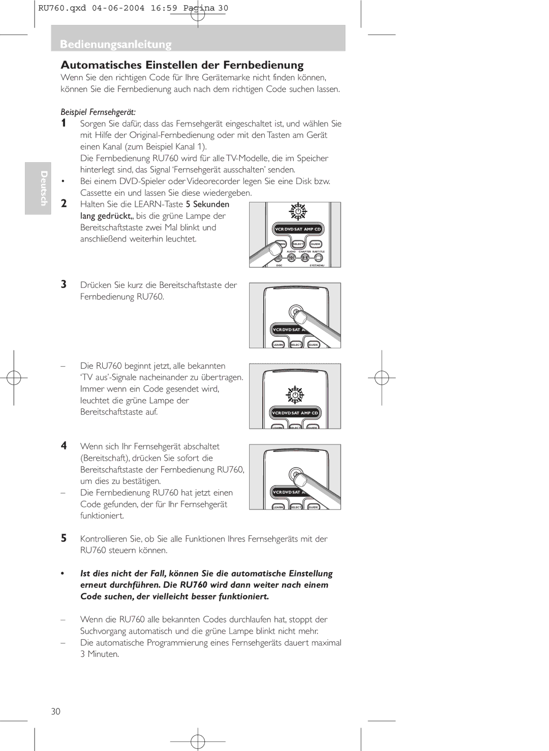 Philips SBC RU 760 00 manual Automatisches Einstellen der Fernbedienung 