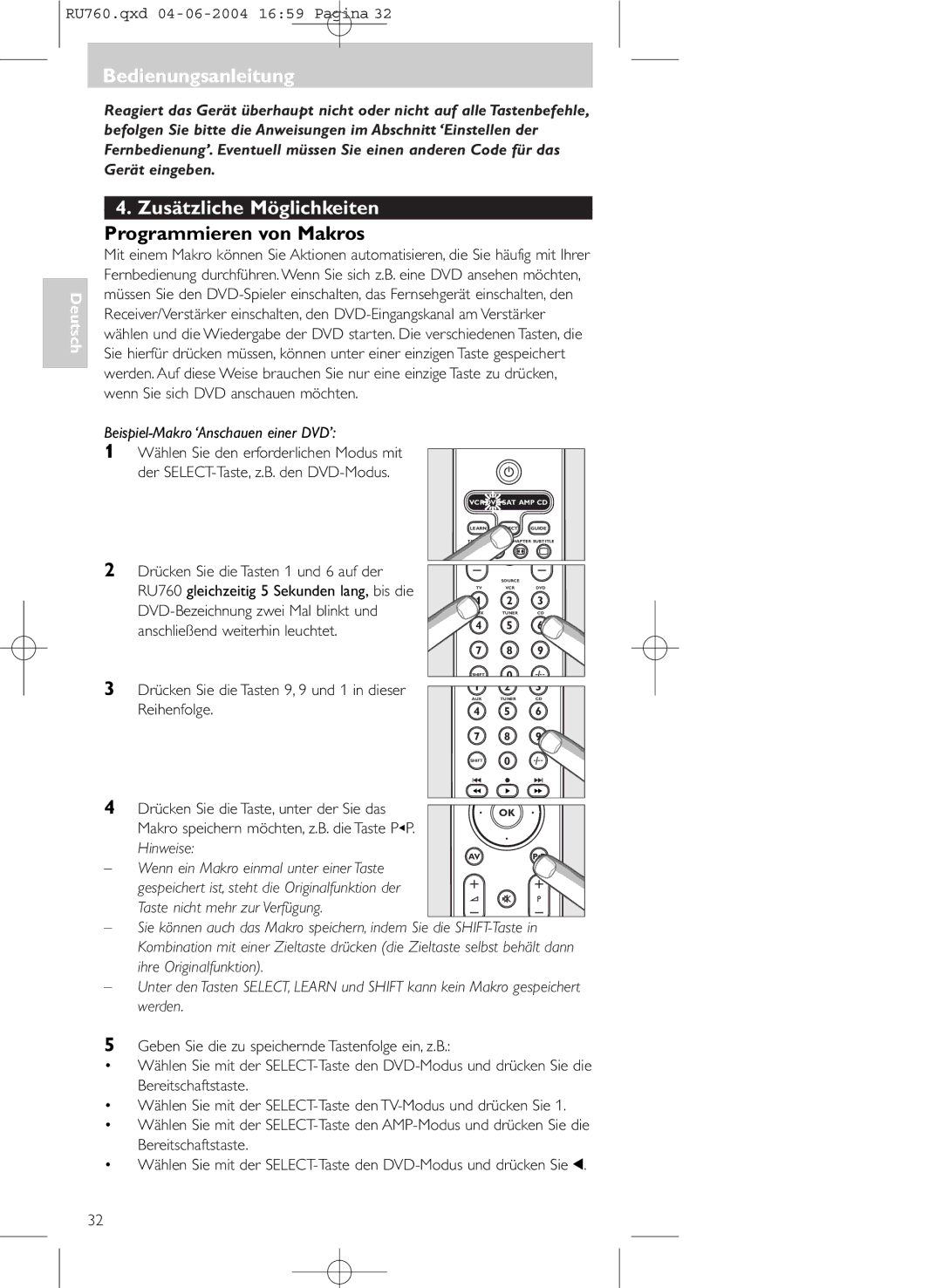 Philips SBC RU 760 00 manual Zusätzliche Möglichkeiten Programmieren von Makros, Beispiel-Makro ‘Anschauen einer DVD’ 