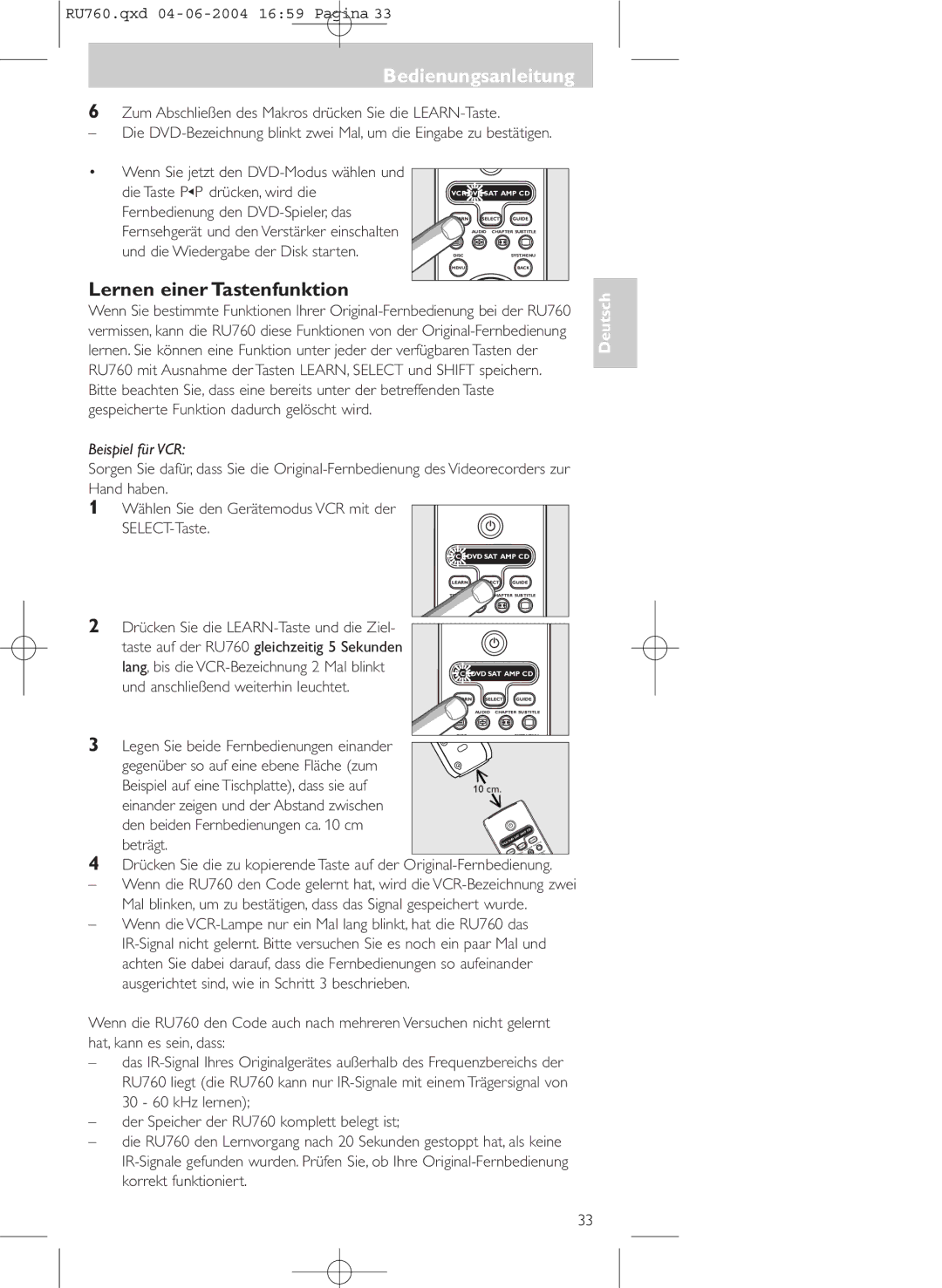 Philips SBC RU 760 00 manual Lernen einer Tastenfunktion 