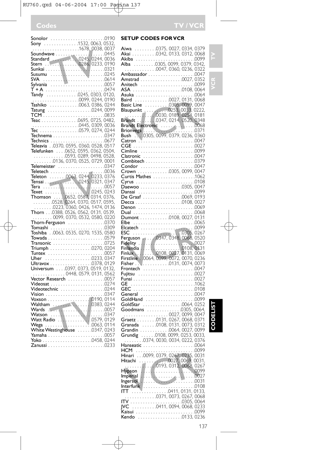 Philips SBC RU 760/00 manual Vcr, 137 